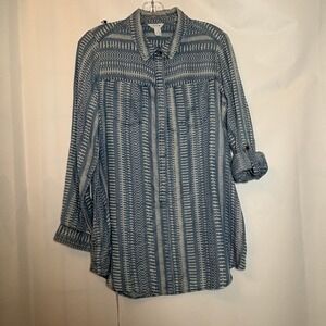 Intro Blue White Geo Print Tunic Shirt Women's Size S Roll Tab Sleeves Pockets